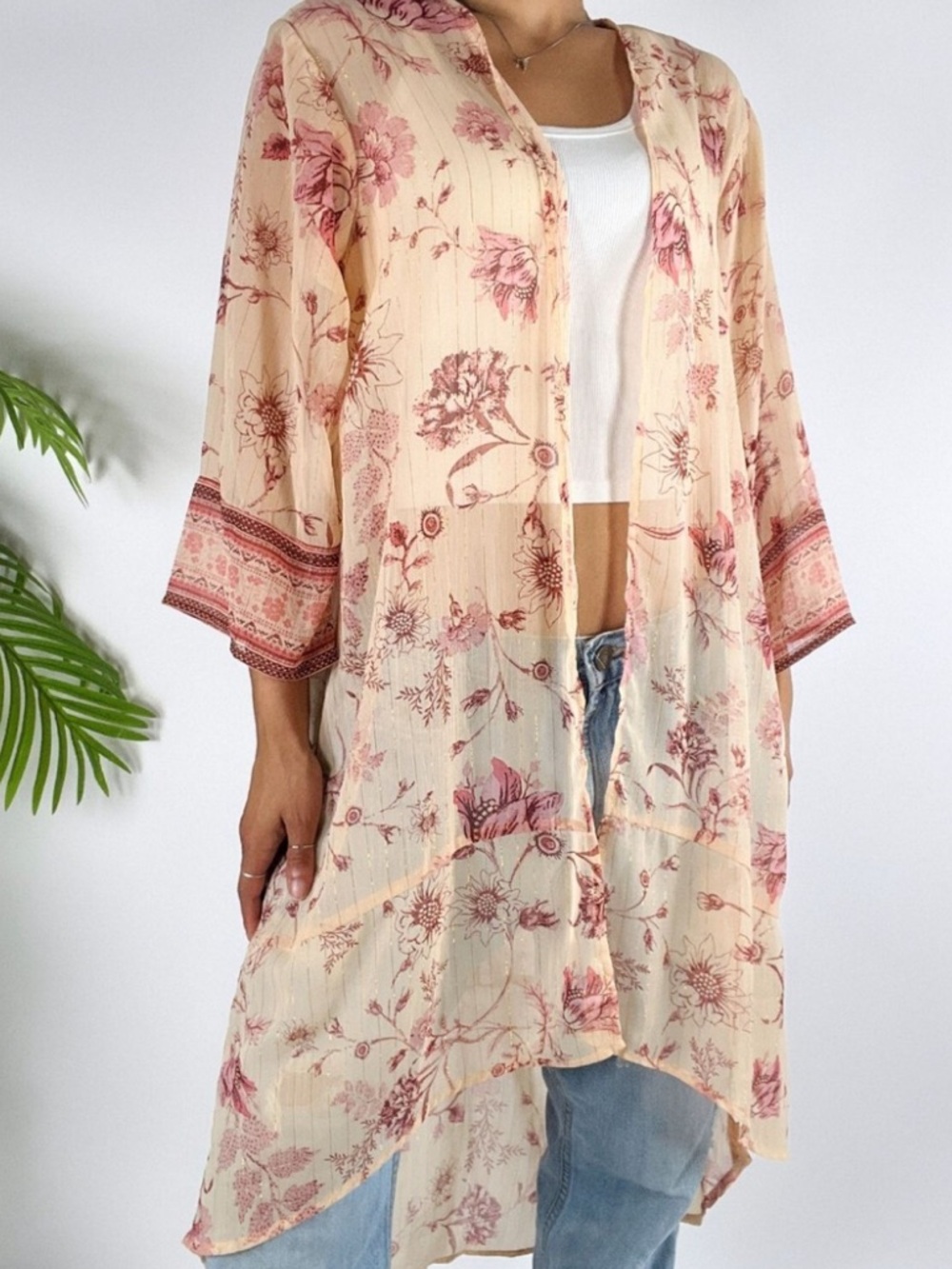 Maurices Cream Floral Duster with Pink Print